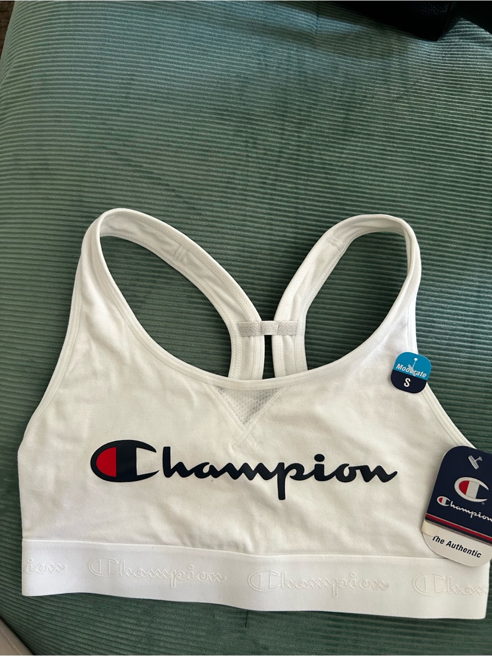 Champion White Sports Bikini Top with Navy and Red Logo